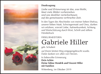Traueranzeige von Gabriele Hiller von Super Sonntag Wittenberg
