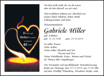 Traueranzeige von Gabriele Hiller von Mitteldeutsche Zeitung Wittenberg