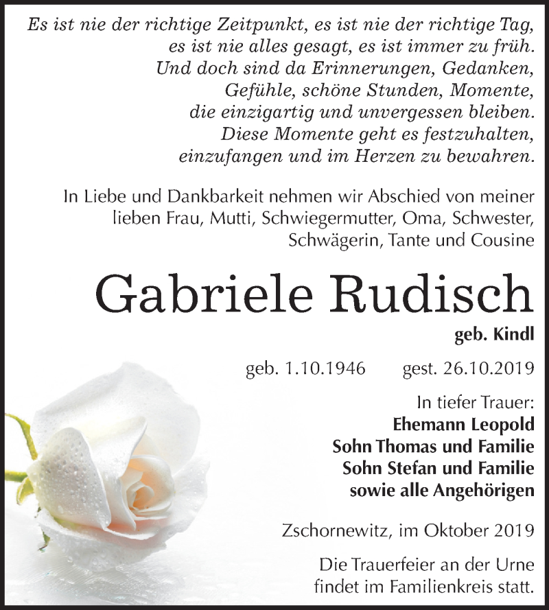  Traueranzeige für Gabriele Rudisch vom 09.11.2019 aus Mitteldeutsche Zeitung Wittenberg