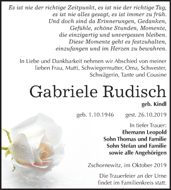 Traueranzeige von Gabriele Rudisch von Super Sonntag Wittenberg