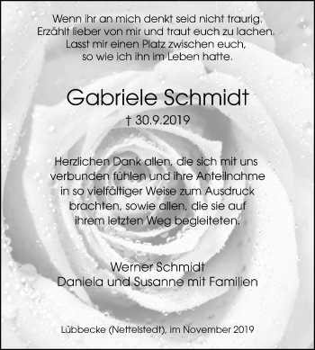 Traueranzeige von Gabriele Schmidt von Wochenspiegel Bitterfeld