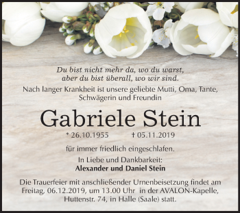 Traueranzeige von Gabriele Stein von Mitteldeutsche Zeitung Halle/Saalkreis
