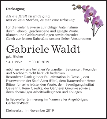 Traueranzeige von Gabriele Waldt von Mitteldeutsche Zeitung Köthen