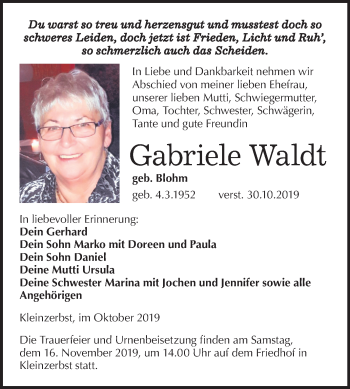 Traueranzeige von Gabriele Waldt von Super Sonntag Köthen