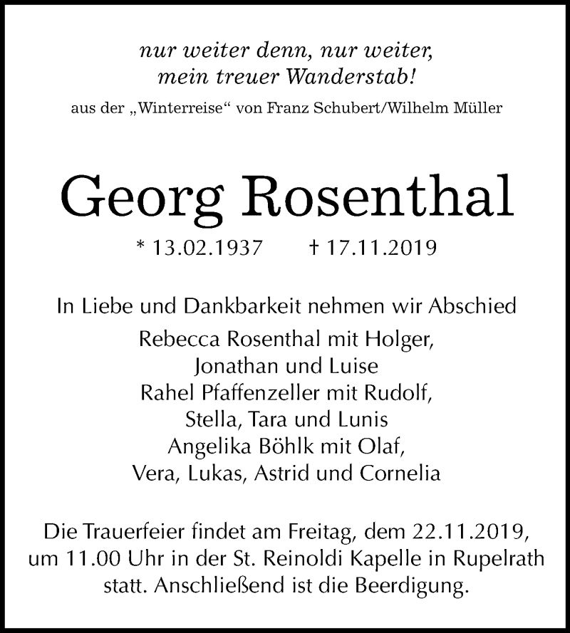  Traueranzeige für Georg Rosenthal vom 23.11.2019 aus Super Sonntag Bernburg