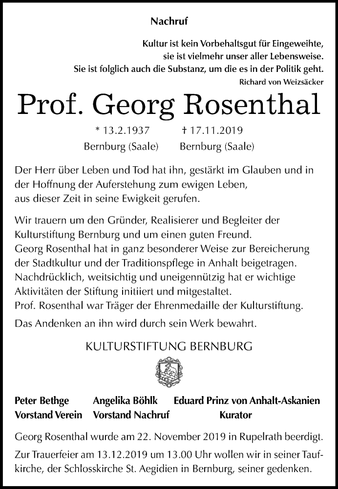  Traueranzeige für Georg Rosenthal vom 29.11.2019 aus Mitteldeutsche Zeitung 