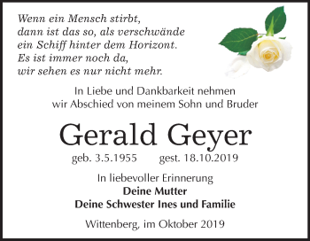 Traueranzeige von Gerald Geyer von Super Sonntag Wittenberg