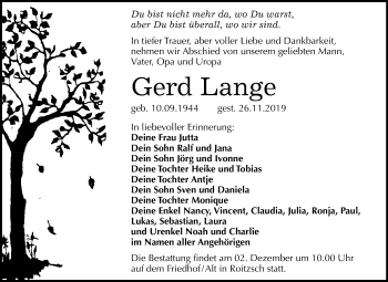 Traueranzeige von Gerd Lange von Mitteldeutsche Zeitung Bitterfeld