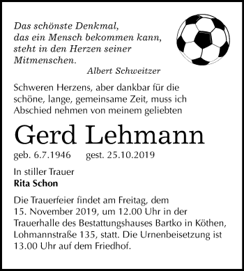 Traueranzeige von Gerd Lehmann von Mitteldeutsche Zeitung Köthen