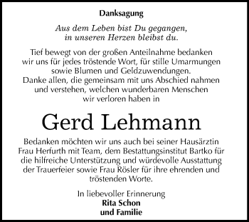 Traueranzeige von Gerd Lehmann von Mitteldeutsche Zeitung Köthen