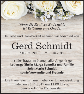Traueranzeige von Gerd Schmidt von Super Sonntag Bernburg