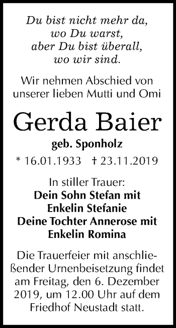 Traueranzeige von Gerda Baier von Mitteldeutsche Zeitung Halle/Saalkreis