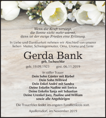 Traueranzeige von Gerda Bank von Super Sonntag Wittenberg