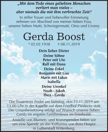 Traueranzeige von Gerda Boost von Super Sonntag Wittenberg