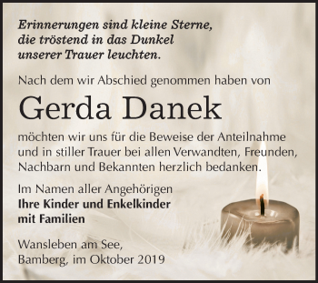 Traueranzeige von Gerda Danek von Mitteldeutsche Zeitung Mansfelder Land