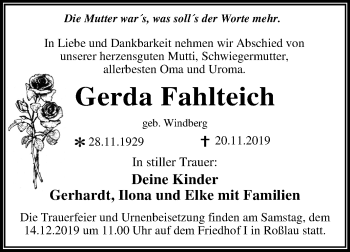 Traueranzeige von Gerda Fahlteich von Super Sonntag Dessau-Roßlau / Wittenberg