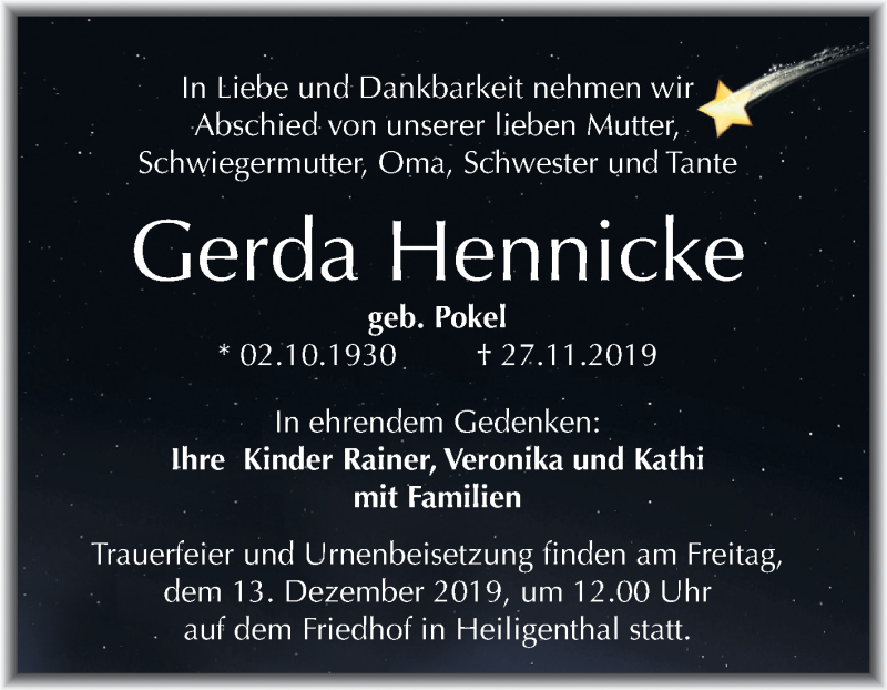  Traueranzeige für Gerda Hennicke vom 30.11.2019 aus Mitteldeutsche Zeitung Mansfelder Land