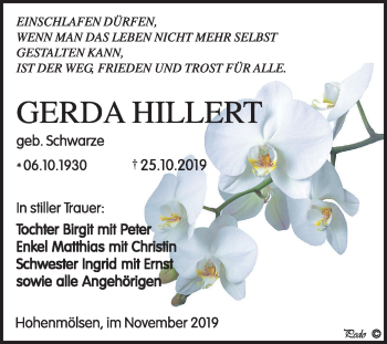 Traueranzeige von Gerda Hillert von Wochenspiegel Weißenfels