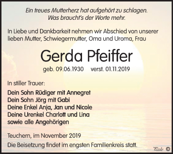 Traueranzeige von Gerda Pfeiffer von Mitteldeutsche Zeitung Weißenfels