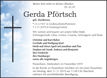 Traueranzeige von Gerda Pförtsch von Mitteldeutsche Zeitung Naumburg/Nebra