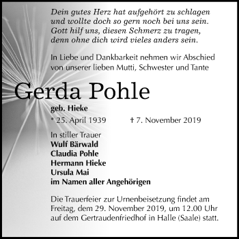 Traueranzeige von Gerda Pohle von Mitteldeutsche Zeitung Halle/Saalkreis