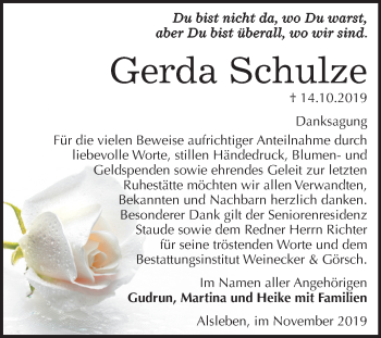 Traueranzeige von Gerda Schulze von Mitteldeutsche Zeitung Bernburg