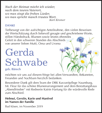 Traueranzeige von Gerda Schwabe von Wochenspiegel Naumburg/Nebra
