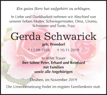 Traueranzeige von Gerda Schwarick von Wochenspiegel Weißenfels