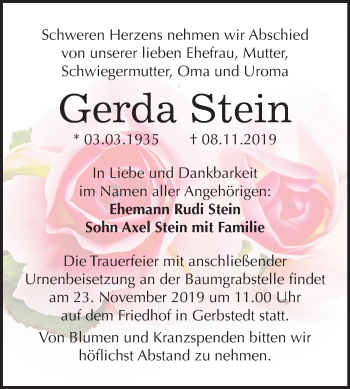 Traueranzeige von Gerda Stein von Wochenspiegel Mansfelder Land