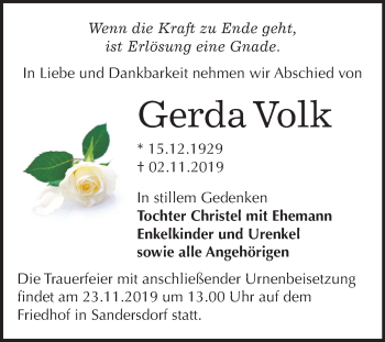 Traueranzeige von Gerda Volk von Mitteldeutsche Zeitung Bitterfeld