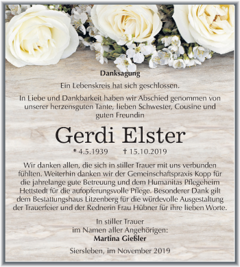 Traueranzeige von Gerdi Elster von Mitteldeutsche Zeitung Mansfelder Land