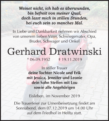 Traueranzeige von Gerhard Dratwinski von Super Sonntag Mansfelder Land