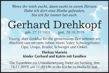 Traueranzeige von Gerhard Drehkopf von Mitteldeutsche Zeitung Halle/Saalkreis