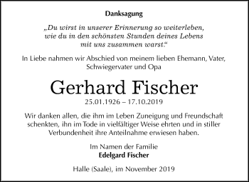 Traueranzeige von Gerhard Fischer von Mitteldeutsche Zeitung Halle/Saalkreis