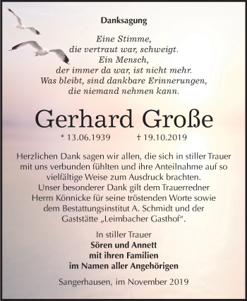 Traueranzeige von Gerhard Große von Super Sonntag Sangerhausen