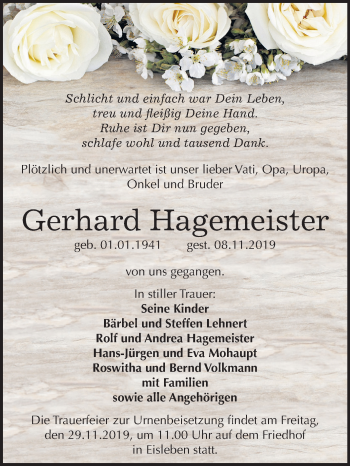 Traueranzeige von Gerhard Hagemeister von Mitteldeutsche Zeitung Mansfelder Land