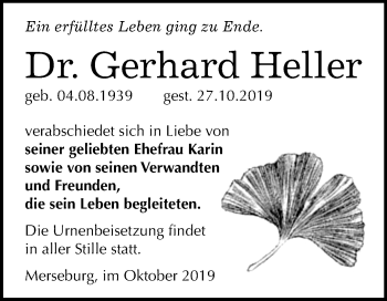 Traueranzeige von Gerhard Heller von Mitteldeutsche Zeitung Merseburg/Querfurt