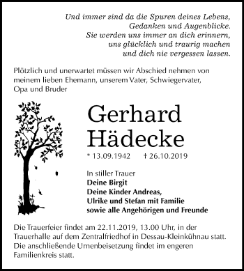 Traueranzeige von Gerhard Hädecke von Mitteldeutsche Zeitung Dessau-Roßlau