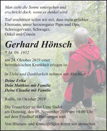 Traueranzeige von Gerhard Hönsch von Super Sonntag Sangerhausen