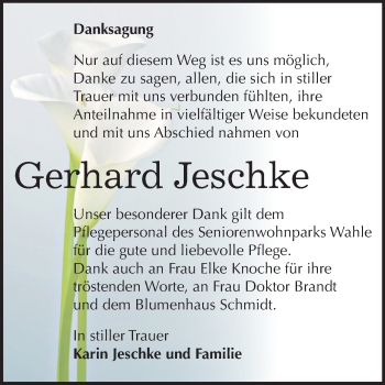 Traueranzeige von Gerhard Jeschke von Super Sonntag Aschersleben