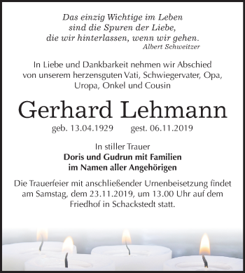Traueranzeige von Gerhard Lehmann von Mitteldeutsche Zeitung Bernburg