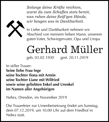 Traueranzeige von Gerhard Müller von Wochenspiegel Naumburg/Nebra
