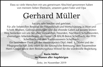 Traueranzeige von Gerhard Müller von Mitteldeutsche Zeitung Zeitz