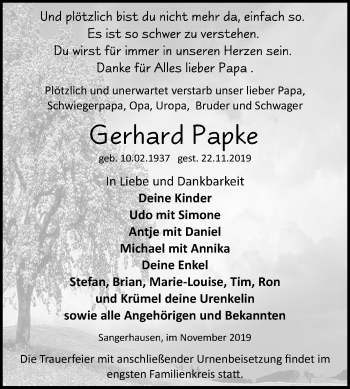 Traueranzeige von Gerhard Papke von Mitteldeutsche Zeitung Sangerhausen