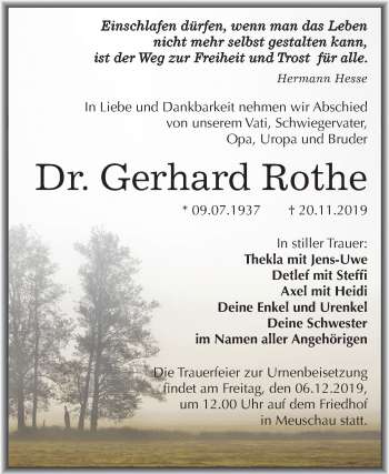 Traueranzeige von Gerhard Rothe von Mitteldeutsche Zeitung Merseburg/Querfurt