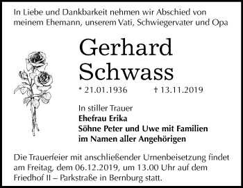 Traueranzeige von Gerhard Schwass von Super Sonntag Bernburg