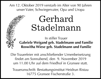 Traueranzeige von Gerhard Stadelmann von Super Sonntag Mansfelder Land