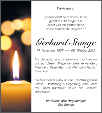 Traueranzeige von Gerhard Stange von Mitteldeutsche Zeitung Weißenfels