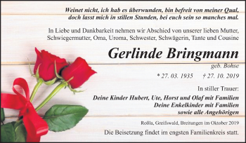 Traueranzeige von Gerlinde Bringmann von Super Sonntag Sangerhausen