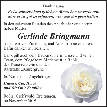 Traueranzeige von Gerlinde Bringmann von Mitteldeutsche Zeitung Sangerhausen